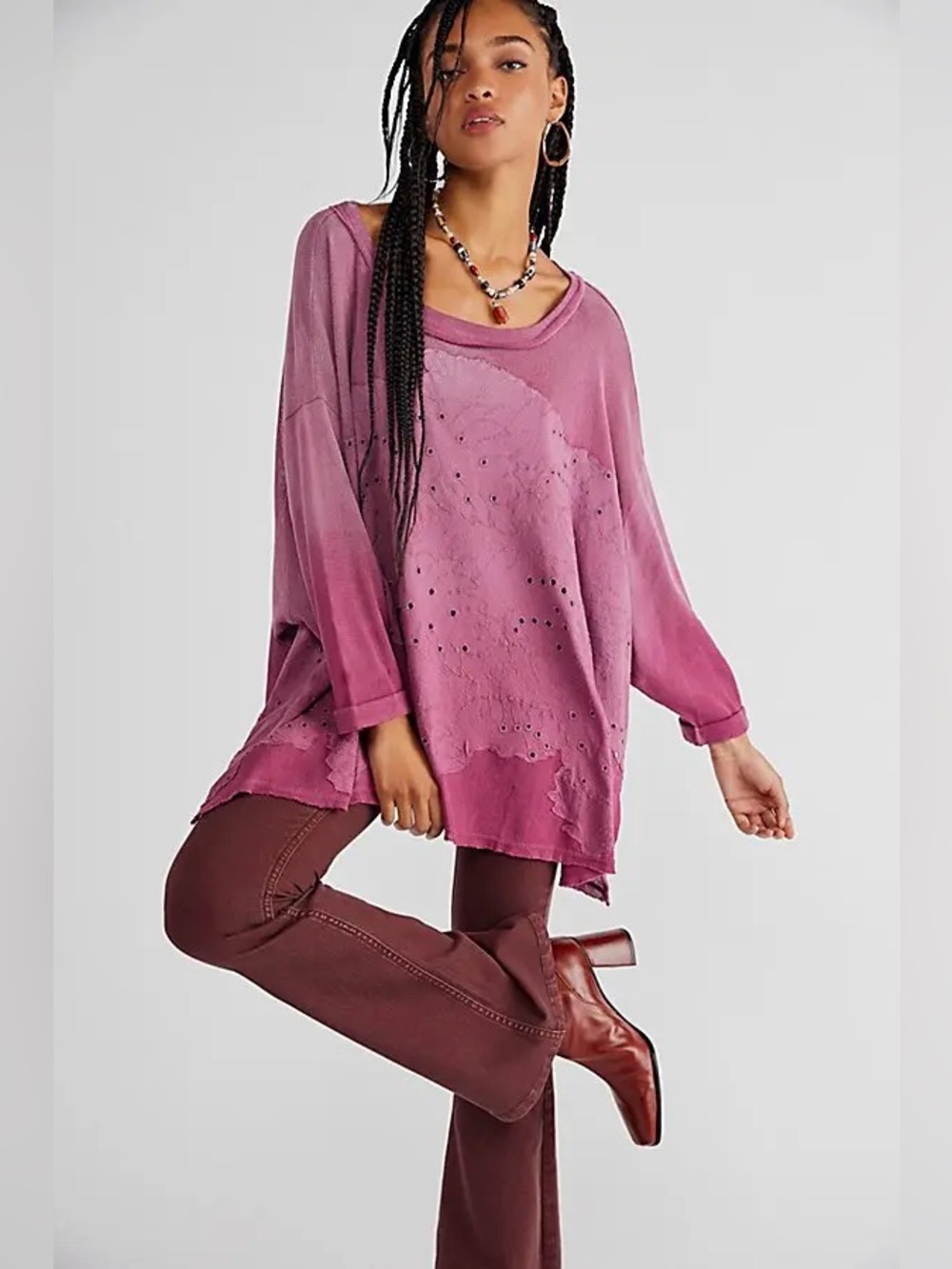 $98 Free People Palm Tree Dreams Tunic top in berry cake L